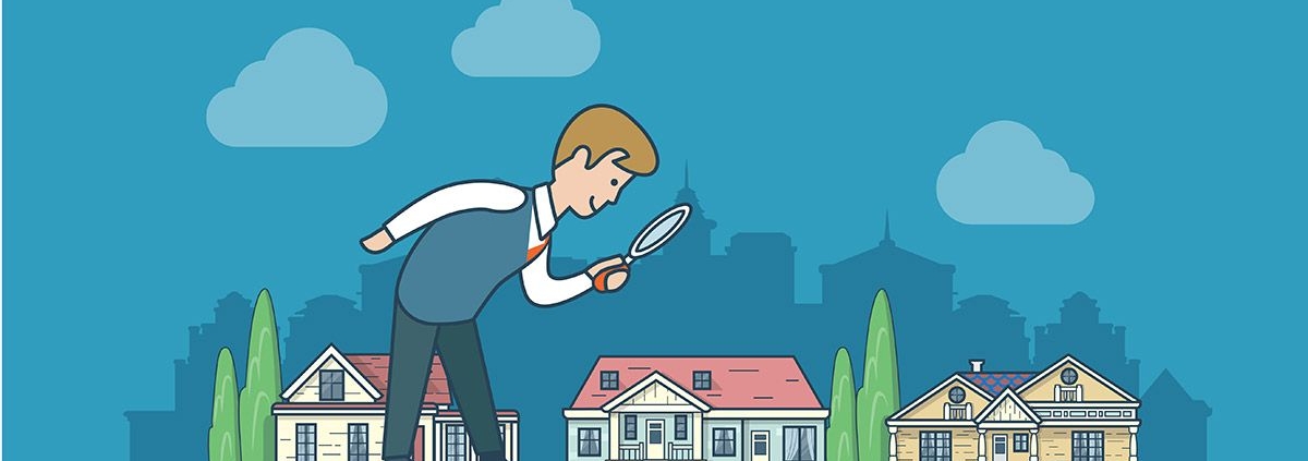 Ein großer Mann schaut mit einer Lupe auf kleine Häuser | Immobilienwertermittlung