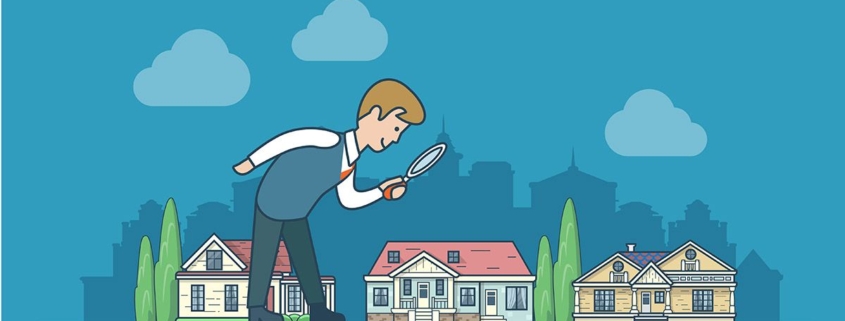 Ein großer Mann schaut mit einer Lupe auf kleine Häuser | Immobilienwertermittlung