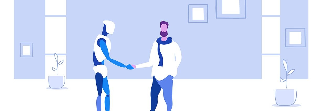 Ein Kaufinteressent schüttelt einem Roboter, der ihm die Immobilie zeigt, die Hand | Digitaler Makler