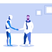 Ein Kaufinteressent schüttelt einem Roboter, der ihm die Immobilie zeigt, die Hand | Digitaler Makler