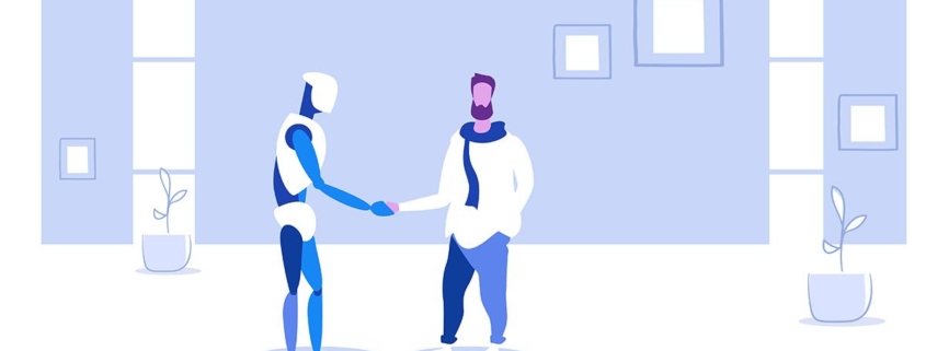 Ein Kaufinteressent schüttelt einem Roboter, der ihm die Immobilie zeigt, die Hand | Digitaler Makler