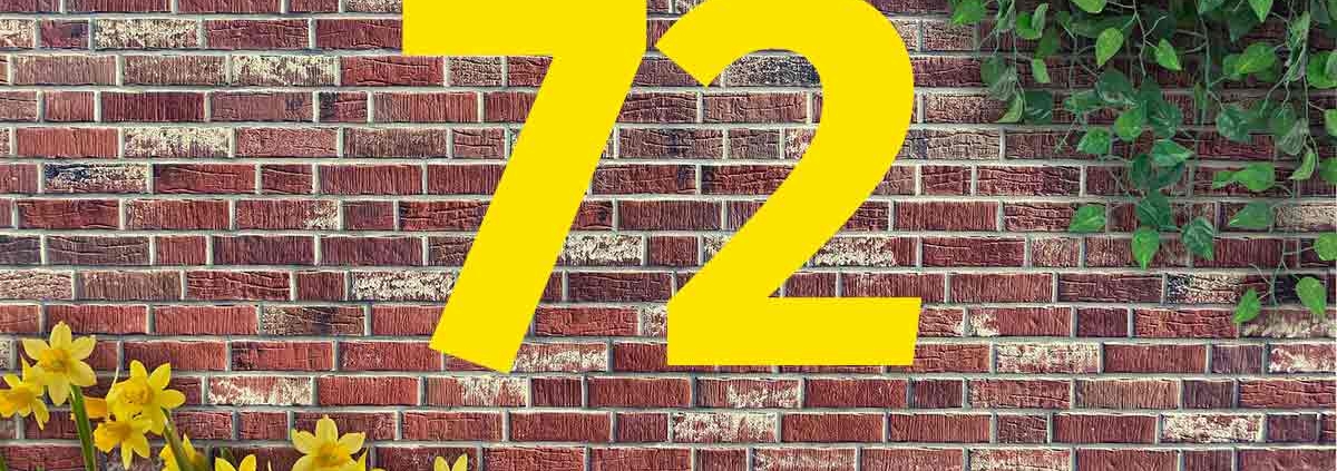 Auf einer Mauer aus roten Backsteinen steht 72, oben rechts wächst Efeu und links stehen Osterglocken | Wohnträume der Deutschen