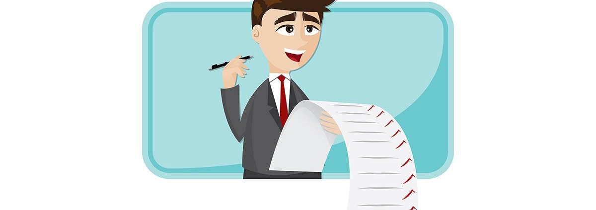 Illustration: Ein Mann hakt auf eine Checkliste Punkte ab vor einem blauen Hintergrund | Checkliste Immobilienverkauf