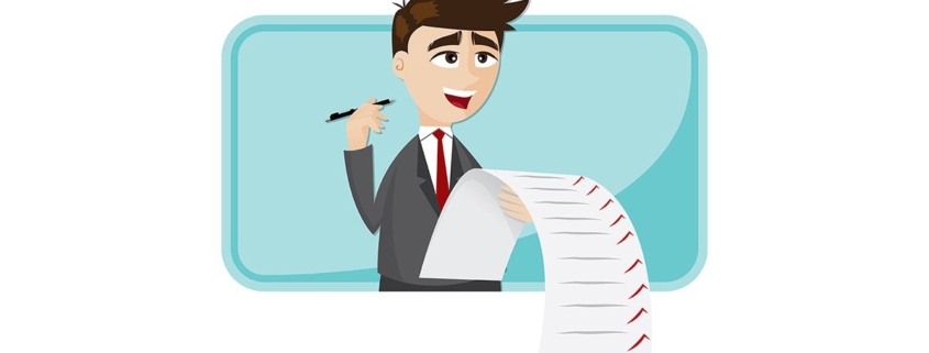 Illustration: Ein Mann hakt auf eine Checkliste Punkte ab vor einem blauen Hintergrund | Checkliste Immobilienverkauf