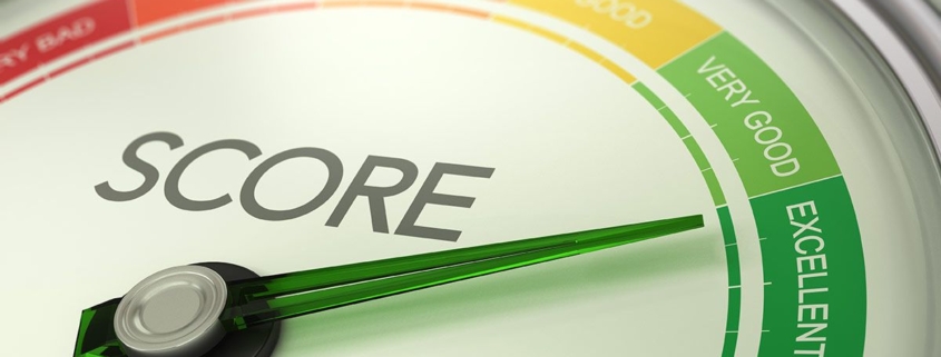 3D-Illustration eines konzeptionellen Messgeräts mit Nadel, die auf sehr gut zeigt- Geschäftskreditbewertungskonzept Bonitätsprüfung