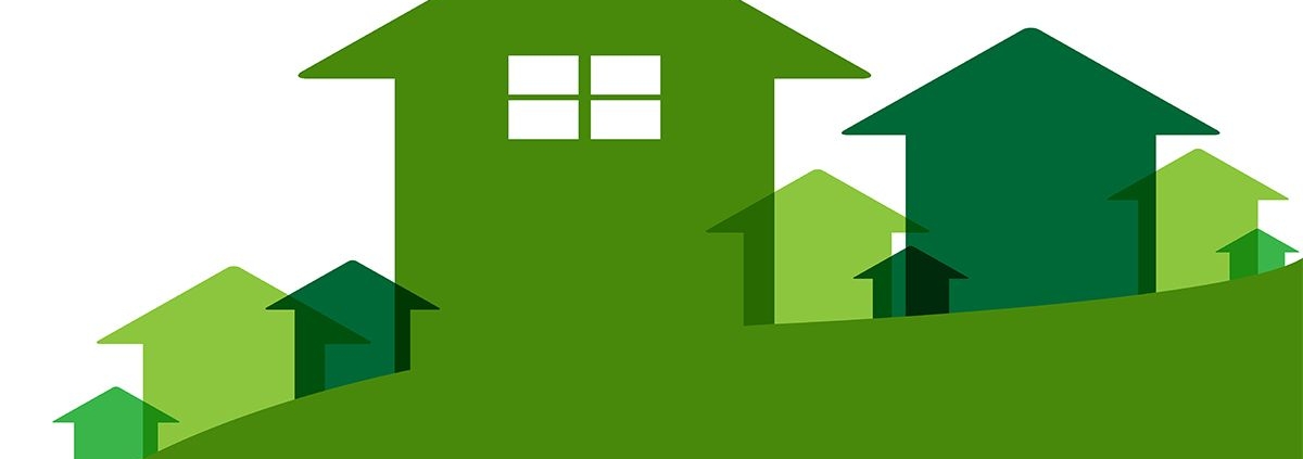 Collage aus gemalten Häusern in verschiedenen Grüntönen - Immobilienbau