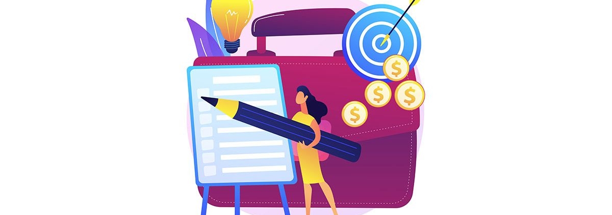 Eine Collage aus Frau mit übergroßem Bleistift und Liste, Zielscheibe, Goldmünzen und Glühbirne - Immobilienkauf und Kaufnebenkosten