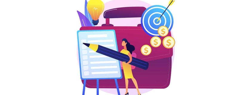 Eine Collage aus Frau mit übergroßem Bleistift und Liste, Zielscheibe, Goldmünzen und Glühbirne - Immobilienkauf und Kaufnebenkosten