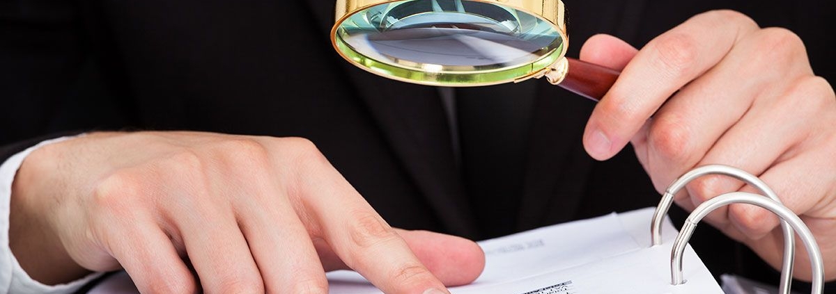 Zwei Hände mit einer Lupe die Dokumente in einem Ordner zeigen - Nachlassverzeichnis Erbimmobilien