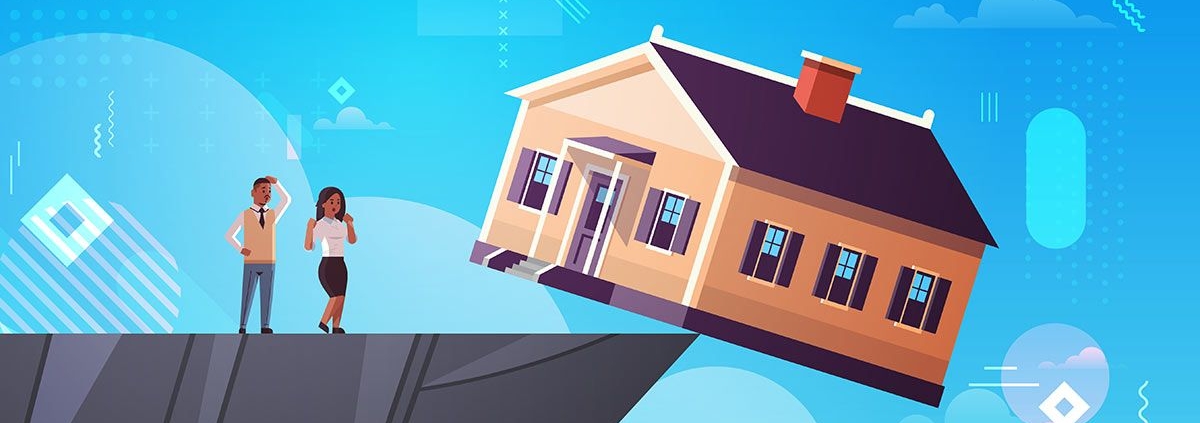 Zeichnung eines Hauses, das auf der Kippe an einer Klippe steht - Immobilienverkauf, Notverkauf