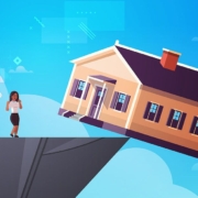 Zeichnung eines Hauses, das auf der Kippe an einer Klippe steht - Immobilienverkauf, Notverkauf