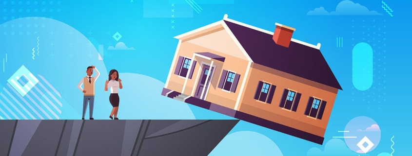 Zeichnung eines Hauses, das auf der Kippe an einer Klippe steht - Immobilienverkauf, Notverkauf