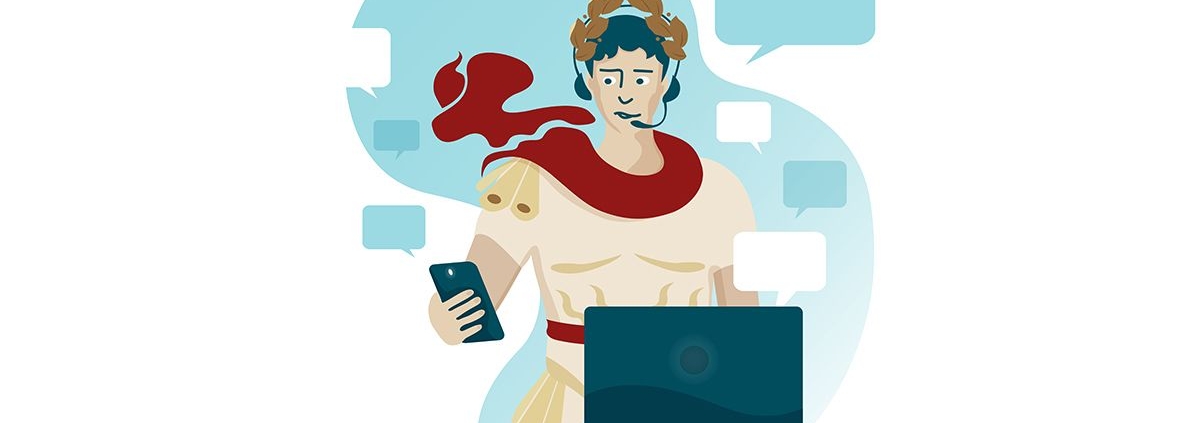 Collage aus Mann mit rotem Schal, Lorbeerenkranz, Handy und Laptop - Maklermythen