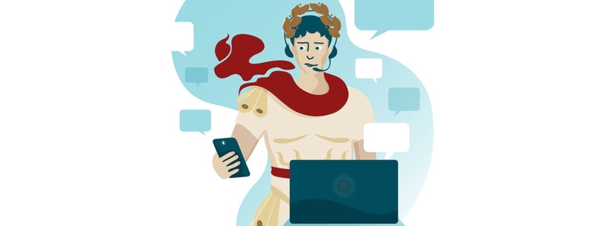 Collage aus Mann mit rotem Schal, Lorbeerenkranz, Handy und Laptop - Maklermythen