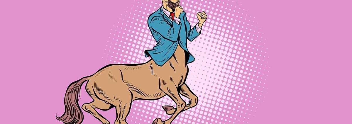 Zeichnung eines Zentauren mit blauem Blazer vor einem pinken Hintergrund - Makler Mythos