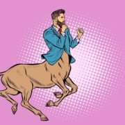 Zeichnung eines Zentauren mit blauem Blazer vor einem pinken Hintergrund - Makler Mythos