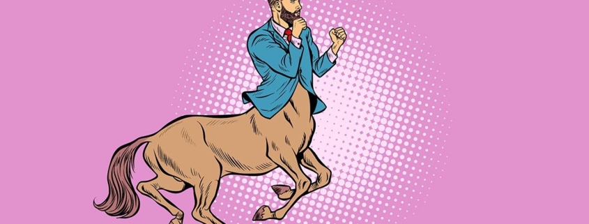 Zeichnung eines Zentauren mit blauem Blazer vor einem pinken Hintergrund - Makler Mythos