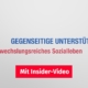 Vor einem weißen Hintergrund steht in blau und rot "Gegenseitige Unterstützung und abwechslungsreiches Sozialleben, darunter befindet sich ein Button auf dem steht "Mit Insider-Video" | Wohnen im Alter