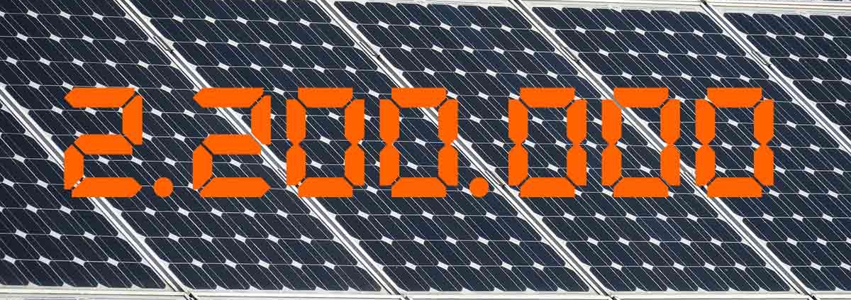 Die Zahl 2,2 Millionen in Orange vor einem Hintergrund aus Solarpaneelen - Photovoltaik
