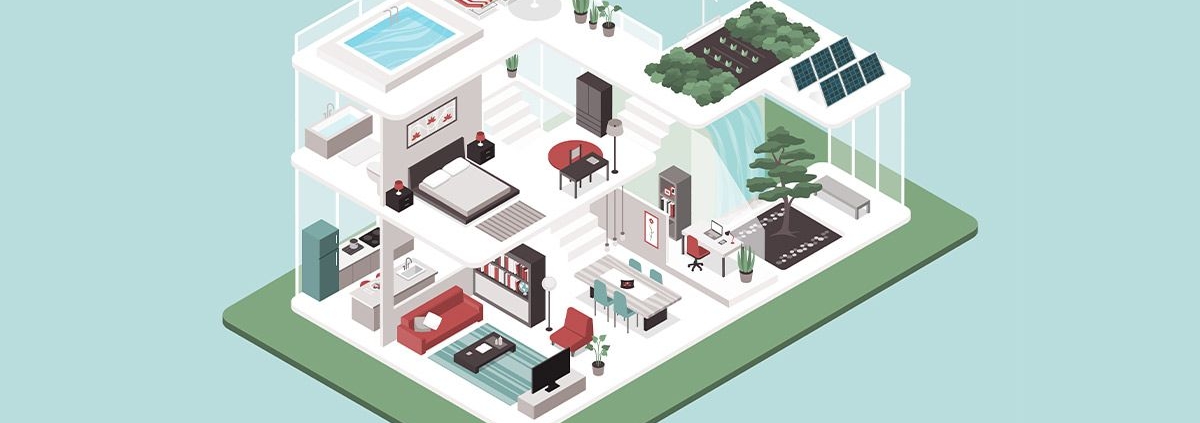 Zeichnung eines modernen und energieffizienten Hauses.