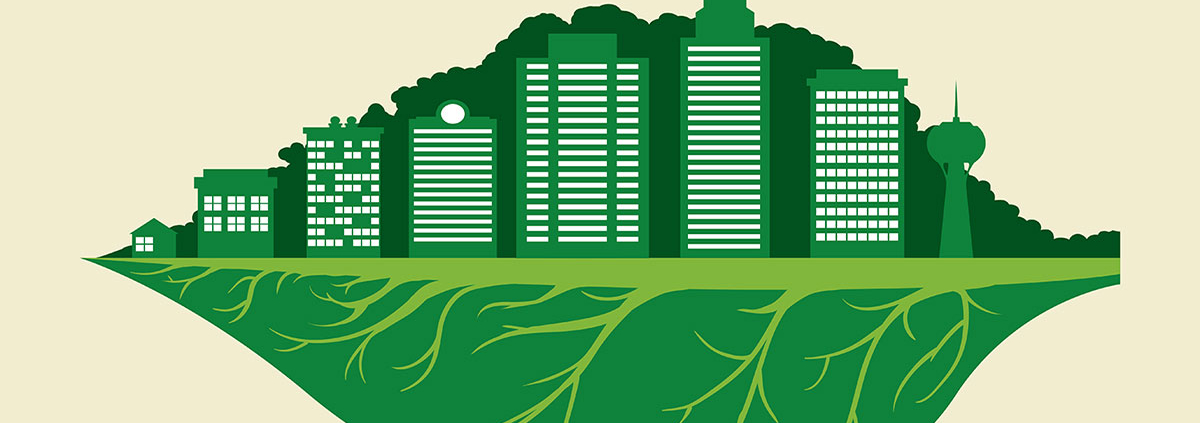 Collage aus einer grünen Stadt und einem Pflanzenblatt - ESG und Eigentümer