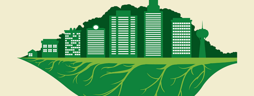 Collage aus einer grünen Stadt und einem Pflanzenblatt - ESG und Eigentümer