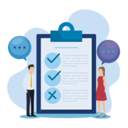 Collage aus Klembrett mit Liste und zwei Personen - Immobilienkauf nur mit Übergabeprotokoll