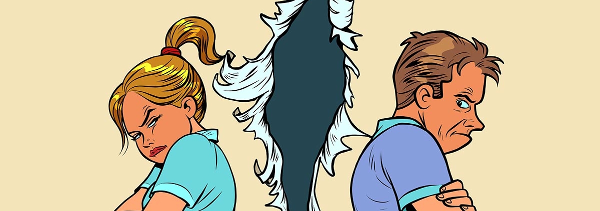 Illustration: Zwei zerstrittene Erben stehen Rücken an Rücken vor einer aufgerissenen Wand | Immobilie Erbe