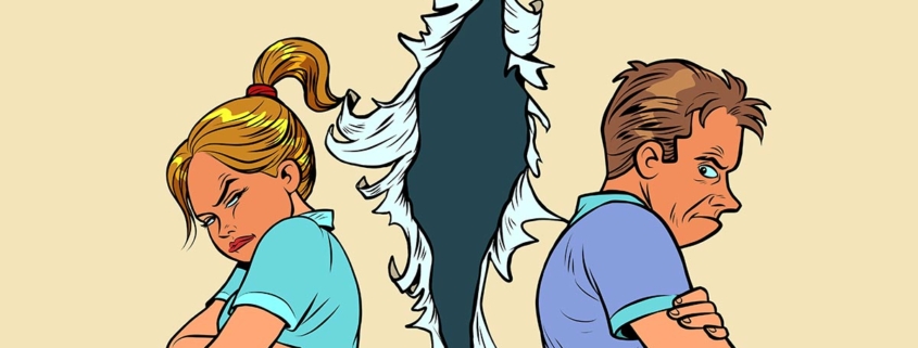 Illustration: Zwei zerstrittene Erben stehen Rücken an Rücken vor einer aufgerissenen Wand | Immobilie Erbe