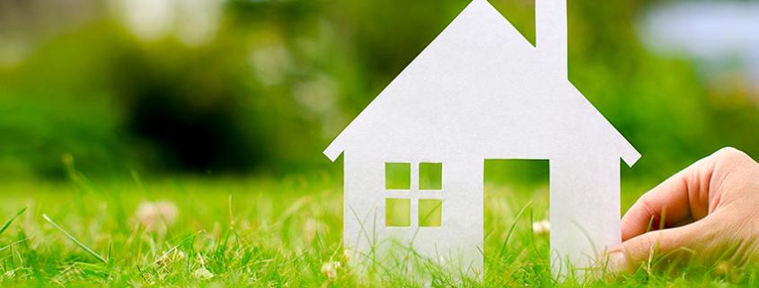 Hand hold house against green field; Immobilienkauf