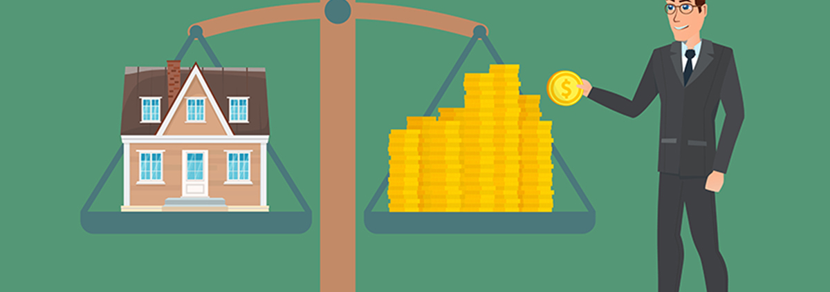 Businessman holding house on money, man collects money for a house and weighs in the balance. Business cartoon concept. Vector creative color illustrations flat design in flat modern style; Förderung