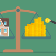 Businessman holding house on money, man collects money for a house and weighs in the balance. Business cartoon concept. Vector creative color illustrations flat design in flat modern style; Förderung