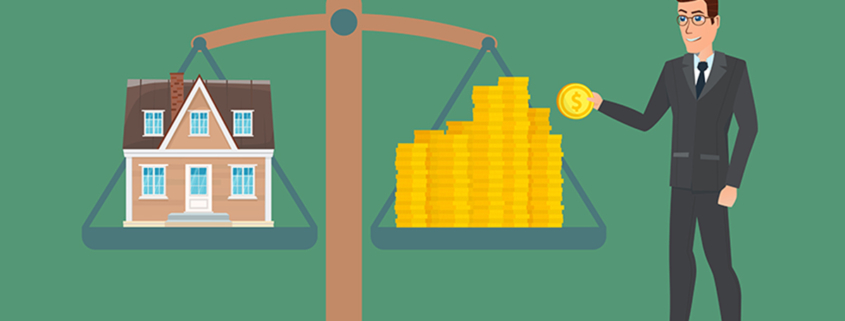 Businessman holding house on money, man collects money for a house and weighs in the balance. Business cartoon concept. Vector creative color illustrations flat design in flat modern style; Förderung