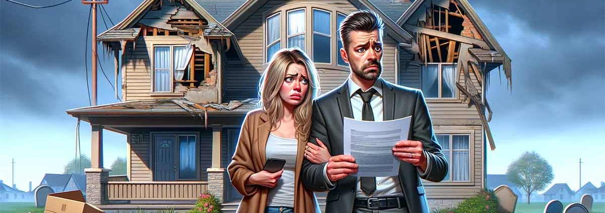 Ein Paar steht vor einem kaputten Einfamilienhaus und bereut, Fehler beim Immobilienkauf gemacht zu haben | Fehler Immobilienverkauf