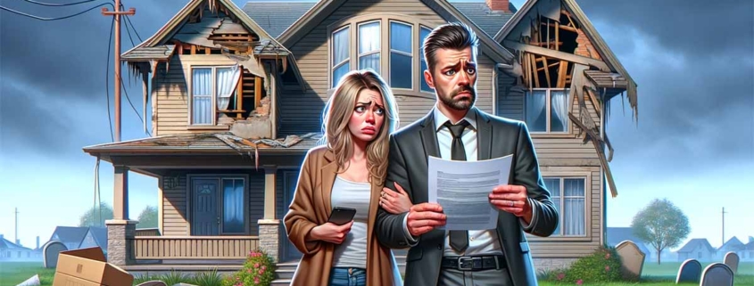 Ein Paar steht vor einem kaputten Einfamilienhaus und bereut, Fehler beim Immobilienkauf gemacht zu haben | Fehler Immobilienverkauf