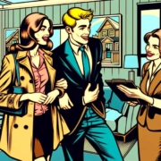 ein Pärchen schaut sich eine Immobilie an, Immobilienmaklerin gibt Führung