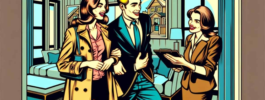 ein Pärchen schaut sich eine Immobilie an, Immobilienmaklerin gibt Führung