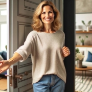 Eine Immobilienverkäuferin öffnet gastfreundlich ihre Wohnungstür und empfängt Interessenten zur Immobilienbesichtigung | Immobilienverkauf