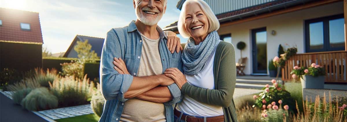 Vor einem Einfamilienhaus steht ein glückliches Seniorenpaar | Immobilienverrentung