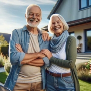 Vor einem Einfamilienhaus steht ein glückliches Seniorenpaar | Immobilienverrentung