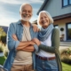 Vor einem Einfamilienhaus steht ein glückliches Seniorenpaar | Immobilienverrentung