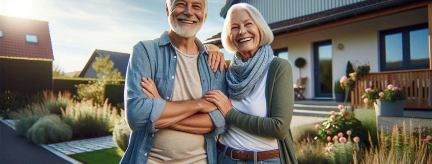 Vor einem Einfamilienhaus steht ein glückliches Seniorenpaar | Immobilienverrentung