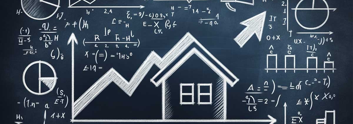 eine Tafel an die Aktienkurse, Graphen und ein Haus gemalt sind